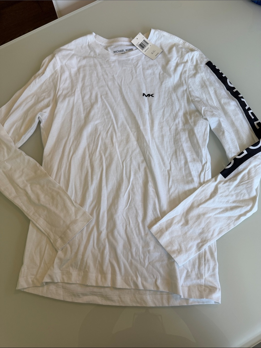 Michael Kors White Long-Sleeve Tee with Black Sleeve Branding - size Small